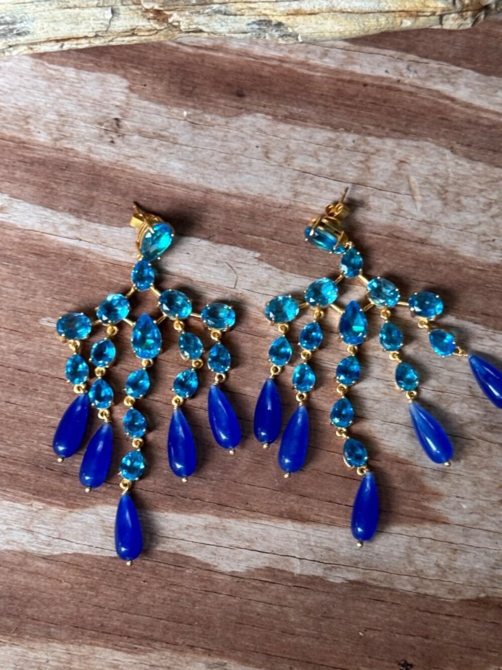 Valere Gold-Plated Chandelier Earrings With Blue Gemstones Teardrop Accents